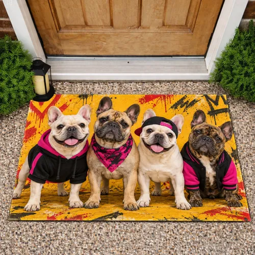 Four French Bulldogs in Streetwear for Playful Dog Lover Home and Entryway Style Doormat