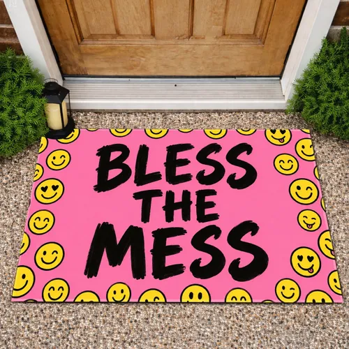 Bless The Mess Pink Smiley Border Accent For Cheerful, Playful Everyday Entryways At Home Doormat