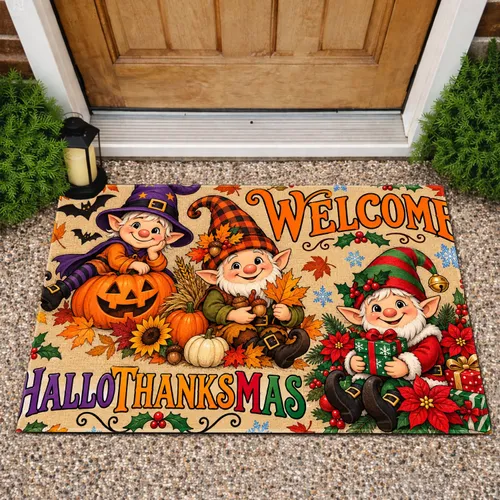 Three Festive Holiday Elves With Welcome Message For Halloween Thanksgiving And Christmas Doormat