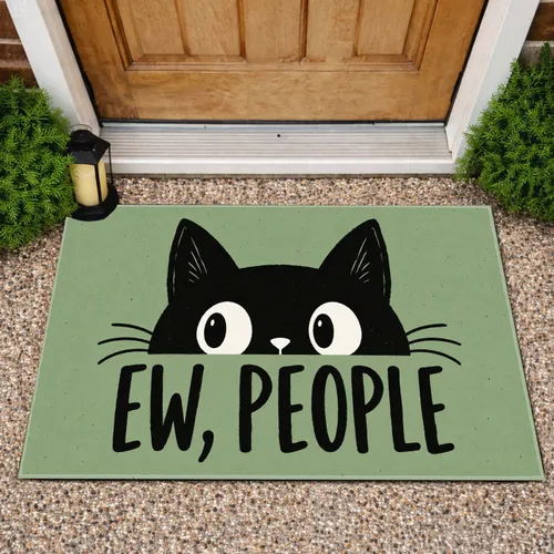 Black Cat Peeking Face with Ew, People Quote for Quirky Home Entryway Personality Doormat