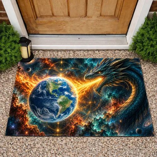 Celestial Earth Dragon With Cosmic Flame For Fantasy Lovers And Space-Inspired Homes Doormat