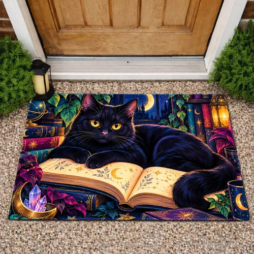 Neon Black Cat Resting On Open Book For Cozy Study Rooms And Bookish Cat Lovers Doormat