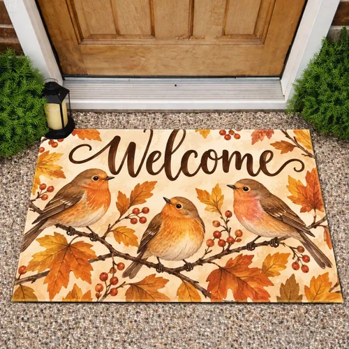 Autumn Songbirds and Welcome Lettering for a Cozy Fall Seasonal Home Entryway Accent Doormat