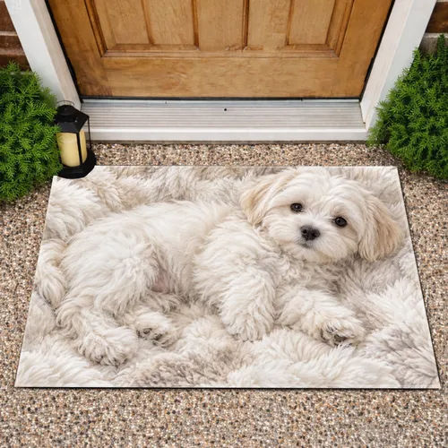 Fluffy White Puppy Portrait for Cozy Pet-Loving Homes and Calm Living Spaces, Dog Lovers Doormat