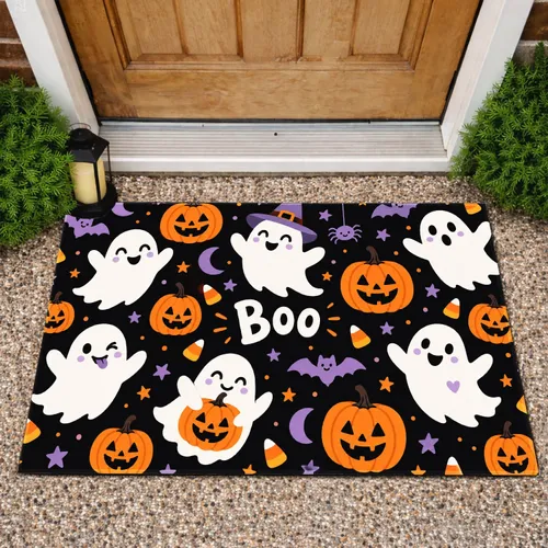 Cute Ghosts and Jack-o'-Lanterns for a Playful Halloween Home Entryway Celebration Doormat