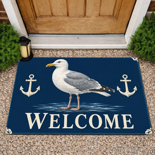 Seagull And Nautical Anchor Welcome Scene For Coastal Entryway And Seaside Home Style Doormat