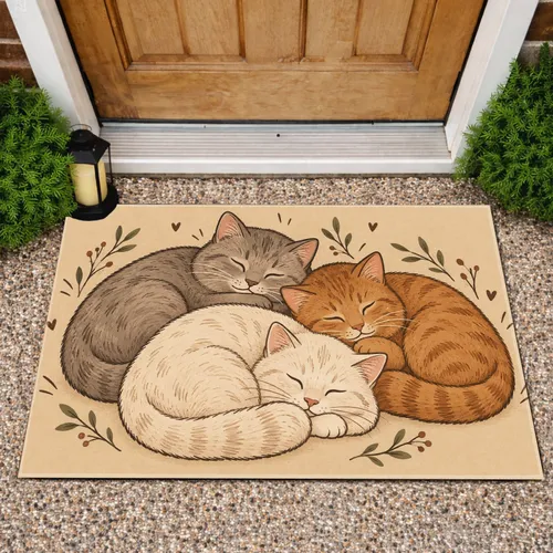 Sleepy Trio of Cats in Warm Neutrals for Cozy Kitchen and Laundry Room Living Doormat