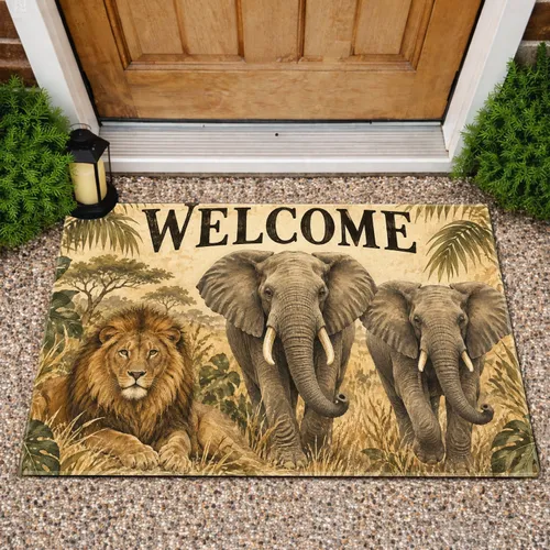 Lion and Two Elephants Safari Welcome Scene for Nature-Loving Family Entryways Doormat