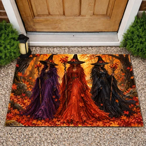 Three Autumn Witches for Halloween Seasonal Home Decor and Cozy Fall Entryways Doormat
