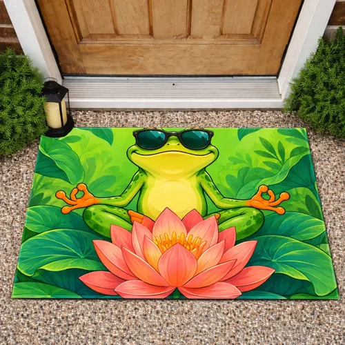 Sunglass-Wearing Yoga Frog With Lotus For Playful Nature-Inspired Botanical Home Decor Doormat