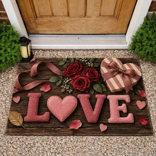 Rustic Wood LOVE Hearts and Roses for Valentine’s Day Romance and Anniversary Gifting Doormat
