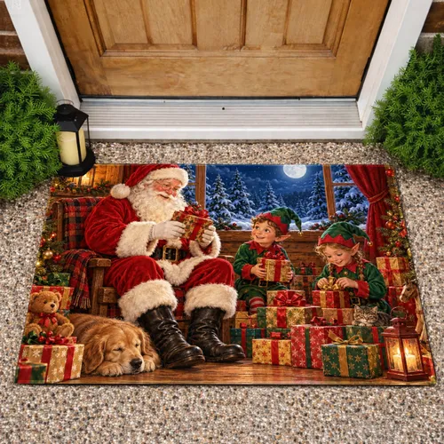 Santa Claus and Elves at Christmas Eve, Moonlit Holiday Cheer for Families Doormat