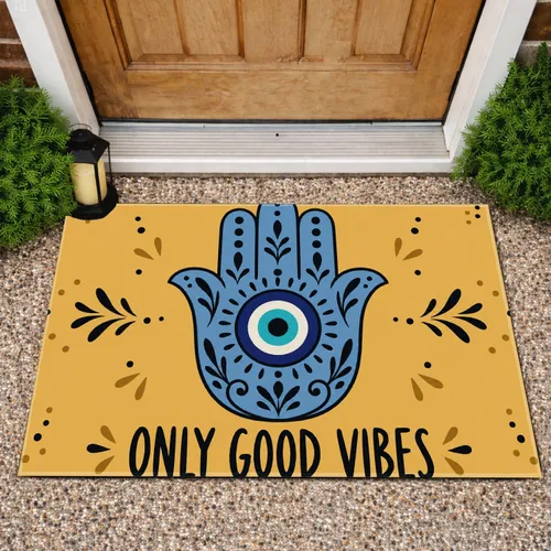 Hamsa Hand and Evil Eye with Only Good Vibes for a Calm, Positive Entryway Gift Doormat