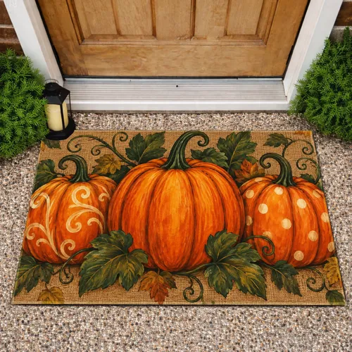 Autumn Pumpkin Trio for Cozy Harvest Season Entryways and Welcoming Farmhouse Homes Doormat