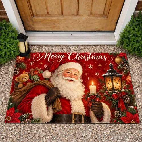Santa Claus With Gifts And Lantern For A Warm And Traditional Christmas Welcome Doormat