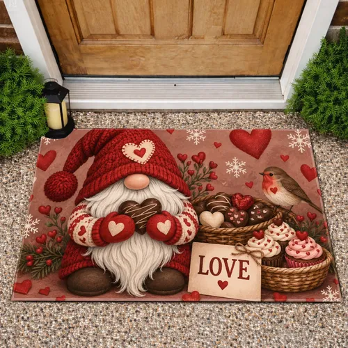 Valentine Gnome With Heart Treats For Cozy February Celebrations And Sweet Seasonal Charm Doormat