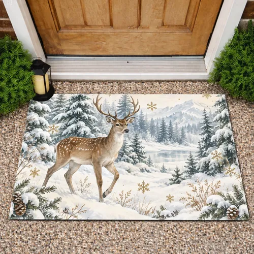 Snowy Deer And Fir Trees For A Cozy Christmas Winter Welcome And Holiday Entryway Doormat