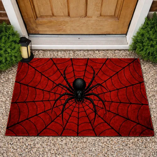 Crimson Spiderweb With Bold Black Spider for Spooky Halloween Entryway Style Home Doormat