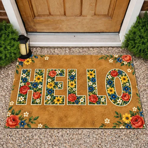 Colorful Floral HELLO Lettering for a Cheerful Cottage Entryway and Country Home Decor Doormat