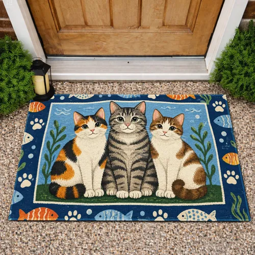 Three Playful Cats with Fish Motifs for Cozy Cat Lover Homes and Pet-Friendly Living Doormat