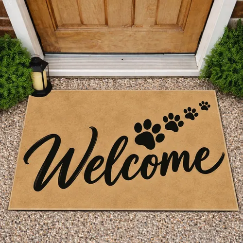 Black Welcome Lettering with Dog Paw Prints for a Warm, Pet-Friendly Home Entryway Doormat