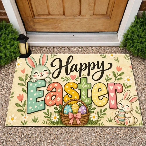 Happy Easter Bunny Lettering for Cheerful Springtime Entryway Celebrations at Home Doormat