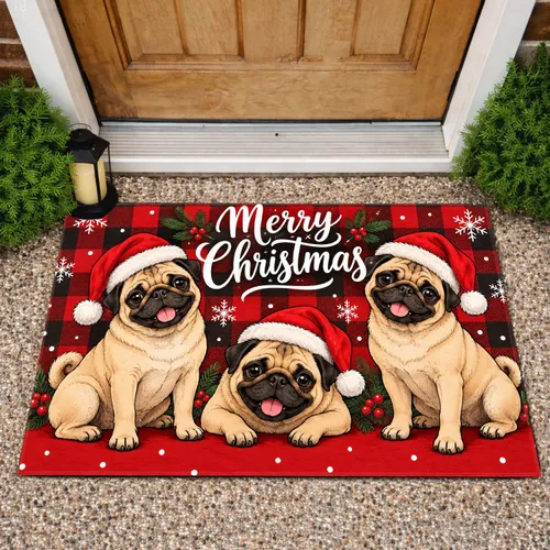 Three Santa Hat Pugs with Merry Christmas for a Cheerful Holiday Home Celebration Doormat