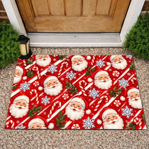 Santa Faces, Candy Canes and Snowflakes for Cheerful Christmas Holiday Decorating Doormat