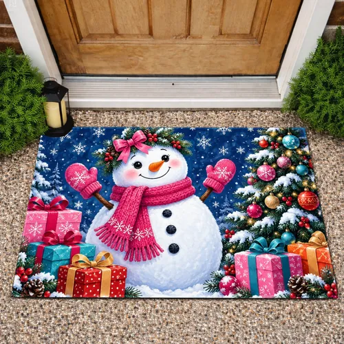 Pink Scarf Snowman with Christmas Tree for Cheerful Holiday Season Family Gatherings Doormat
