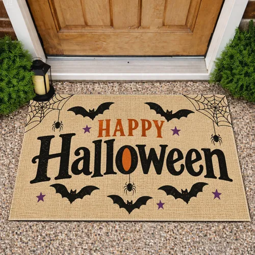 Happy Halloween Bats and Spider Webs for Festive Autumn Home Entryway Decor Doormat