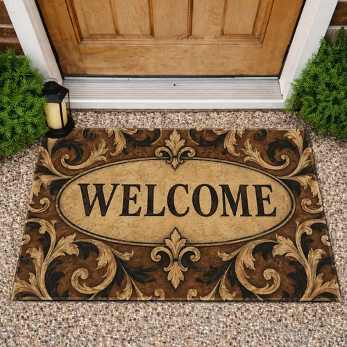 Vintage Brown Baroque Scrollwork Welcome for a Warm European Entryway Doormat