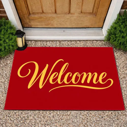 Elegant Golden Welcome Script on Deep Red Field for Festive Front Entry Hospitality Doormat