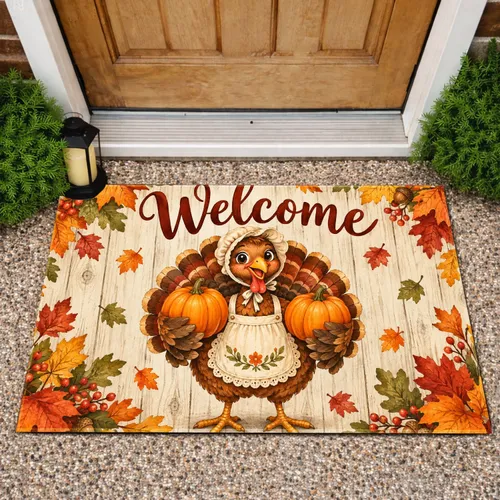 Whimsical Turkey With Pumpkins for Cozy Autumn Harvest Entryway Seasonal Home Decor Doormat