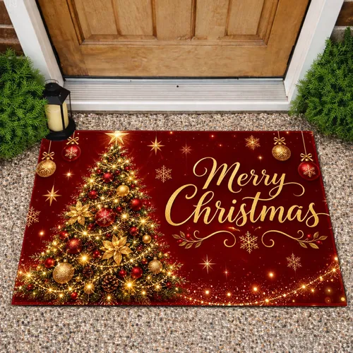 Golden Christmas Tree and Starry Lights for Festive Holiday Entryway Seasonal Cheer Doormat