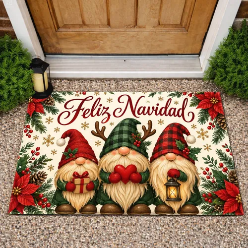 Three Christmas Gnomes in Plaid Hats for Feliz Navidad Holiday Gathering Cheer Doormat