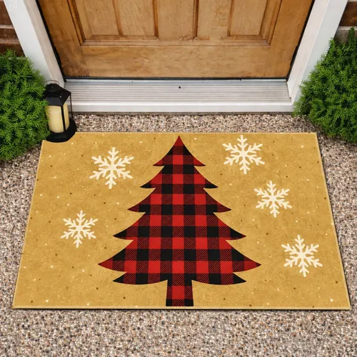 Red Buffalo Plaid Christmas Tree and Snowflakes for a Cozy Christmas Entryway Decor Doormat