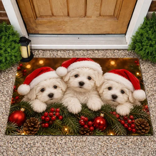 Three Santa Hat Puppies With Berries for Cozy Christmas Holiday Cheer Doormat
