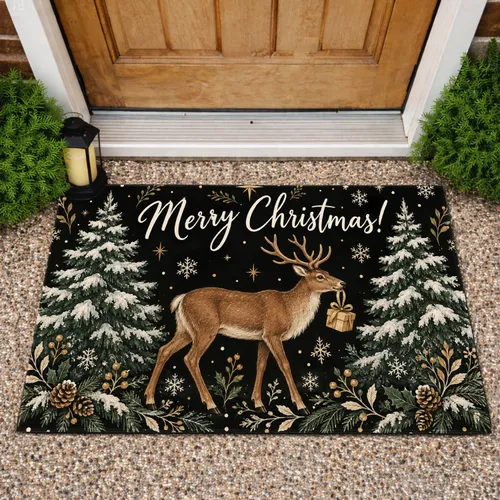 Rustic Reindeer And Snowy Pine Trees For A Cozy Christmas Holiday Celebration Doormat