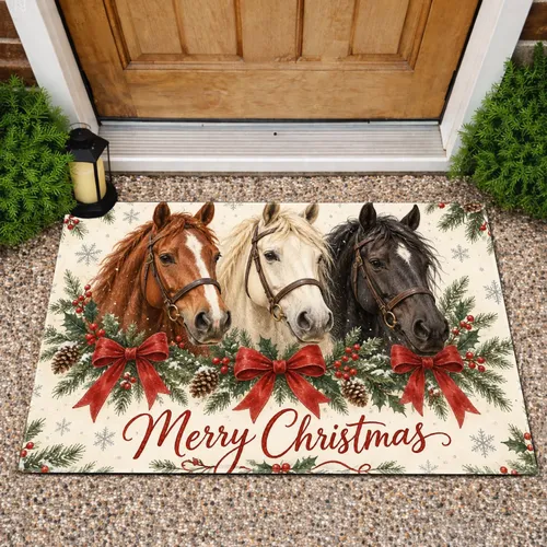 Three Christmas Horses With Holly for a Festive Home, A Gift for Horse Lovers Doormat