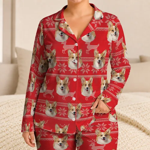 Personalized Pet Face Pajamas – Custom Dog & Cat Photo, Fair Isle Reindeer Ugly Sweater Satin Pajama Set Christmas Gift