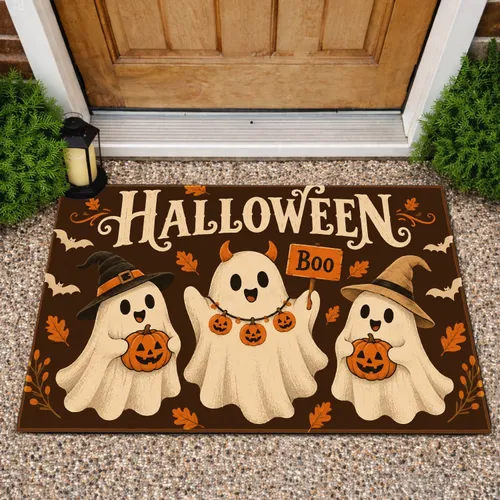 Three Cute Halloween Ghosts With Witch Hats For A Festive Spooky Season Doormat
