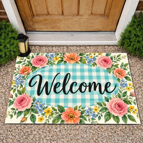 Teal Gingham Welcome With Watercolor Blooms for Cheerful Farmhouse Entryway Decor Doormat