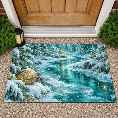 Turquoise Winter Forest Snow Scene With Gold Ornaments For A Magical Christmas Home Doormat