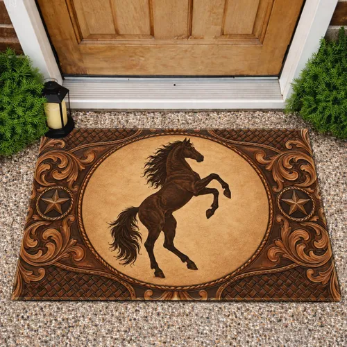 Rearing Horse Medallion for Rustic Western Home Entryway Décor Doormat