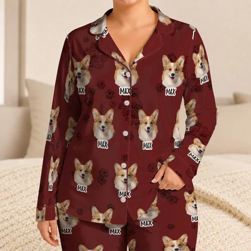 Personalized Pet Face Pajamas – Custom Dog & Cat Photo and Name, Paw Print Satin Pajama Set Christmas Gift
