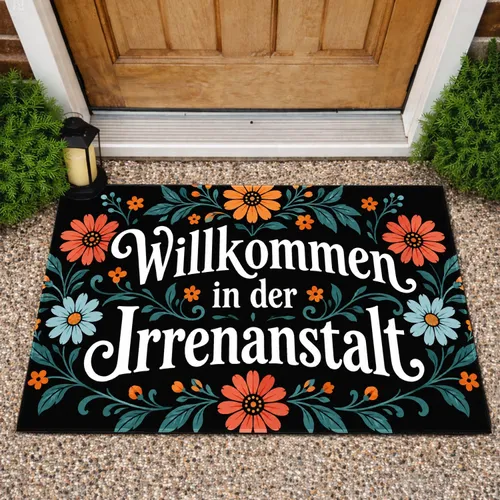German Floral Typography for a Playful, Quirky Entryway Welcome and Home Decor Doormat