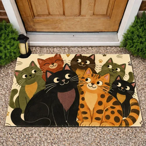 Colorful Cartoon Cat Family for Cheerful Homes and Cat Lover Gifts Doormat