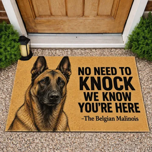 Belgian Malinois Portrait with Bold Door Greeting for Dog-Loving Homes and Families Doormat