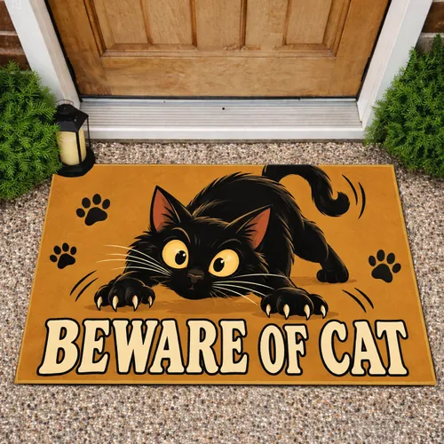 Black Cat Pouncing With Beware Of Cat Saying For Playful Cat-Loving Home Entryways Doormat