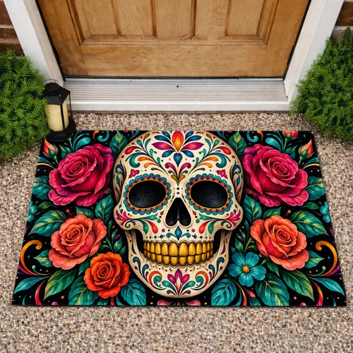 Vibrant Sugar Skull And Roses For Colorful Halloween And Year-Round Gothic Home Style Doormat